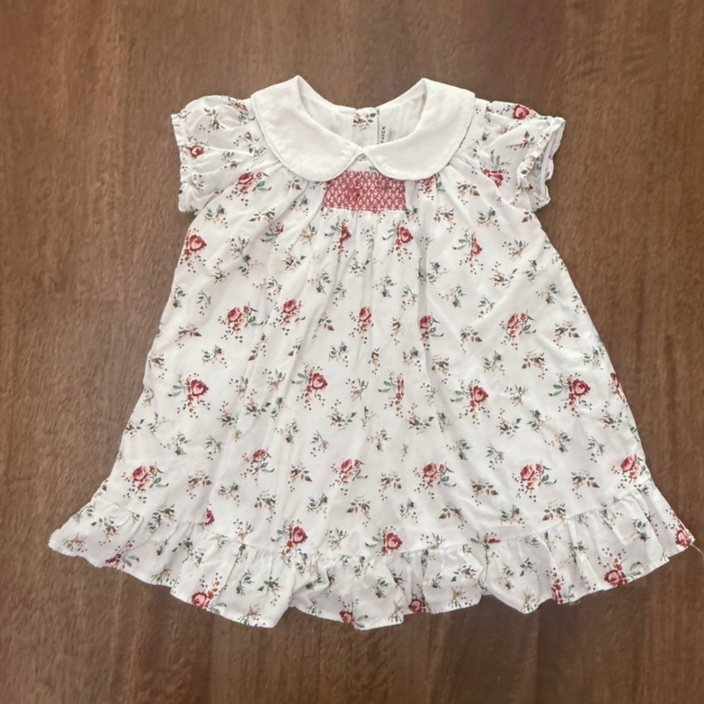 Janie and Jack Floral Smocked Peter Pan Collar Dress White Pink Roses 12-18M